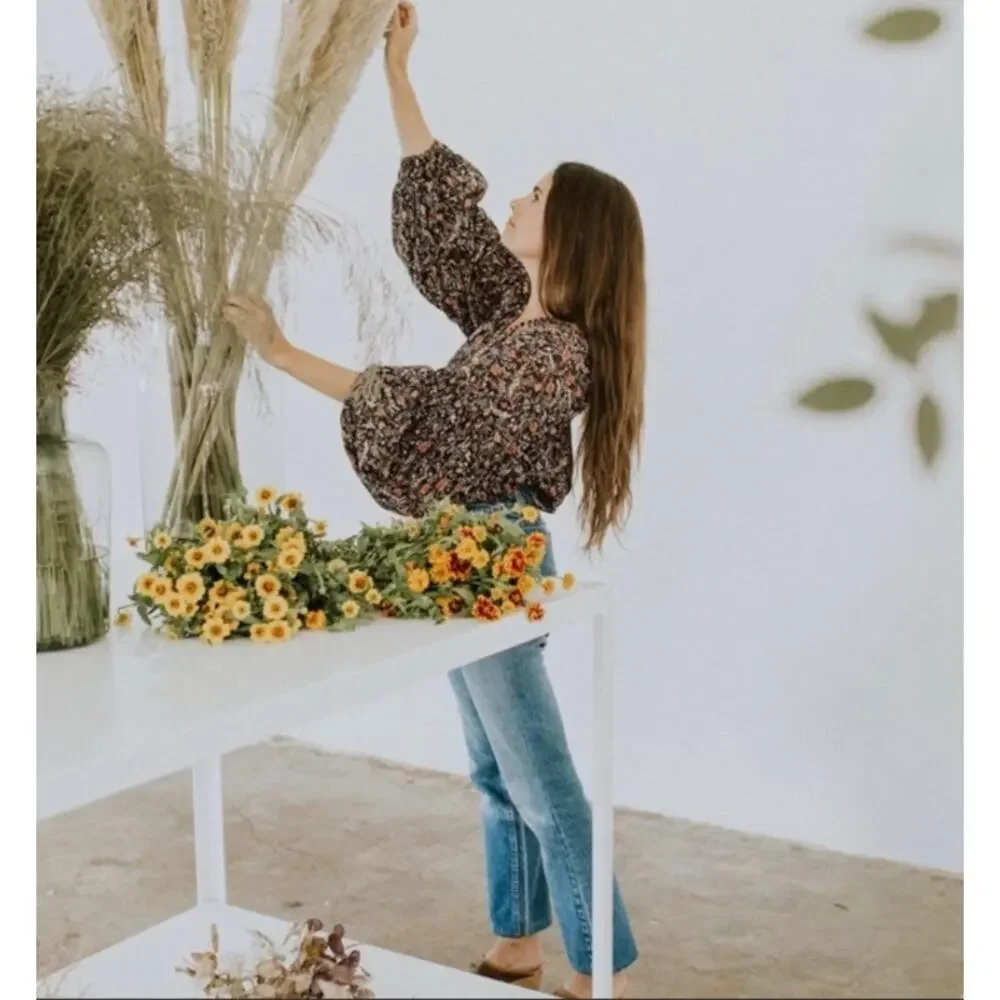 DOEN Thistle Top in Black Multi Floral Print M Boho - Picture 9 of 10